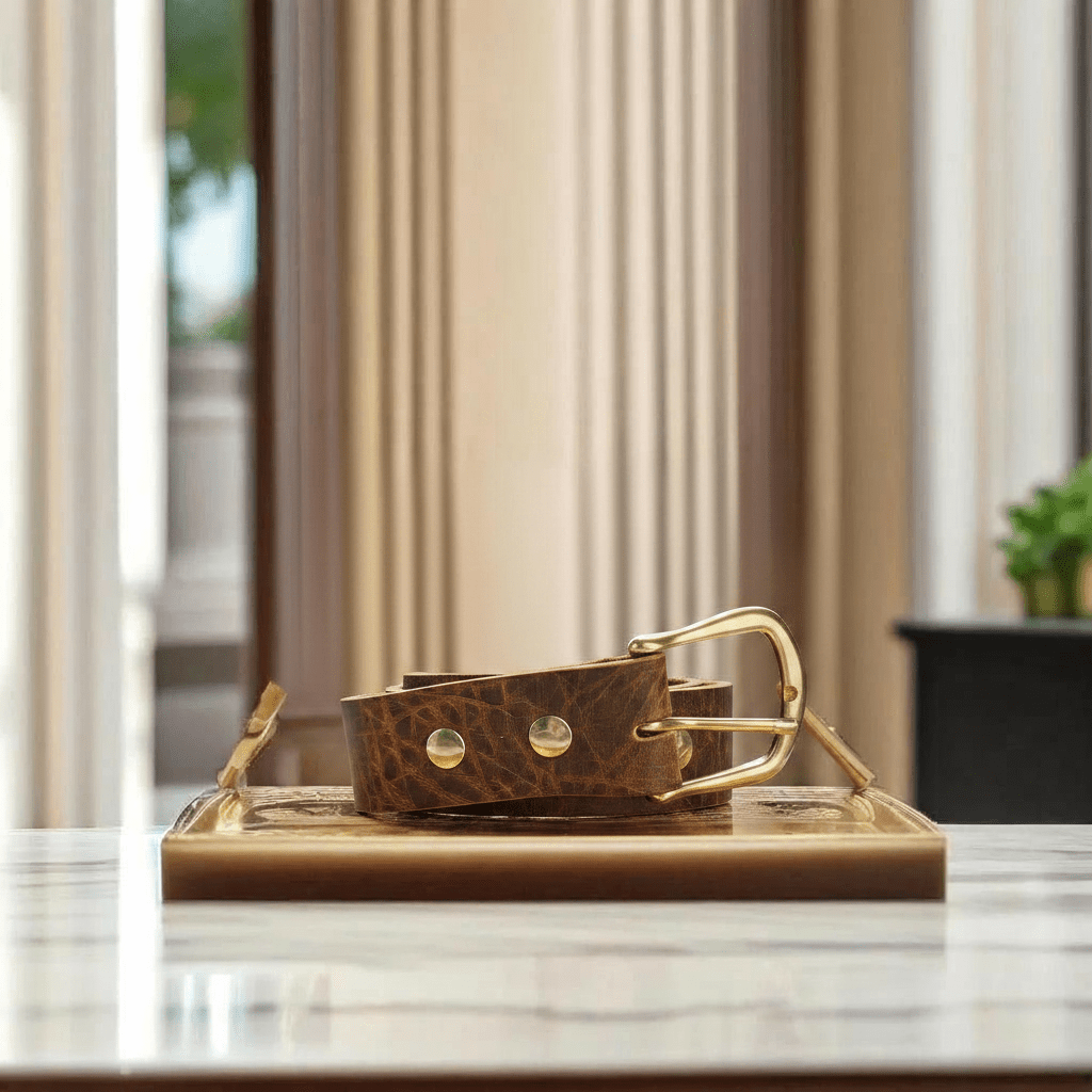 Brown leather belt with solid brass buckle and punched holes
