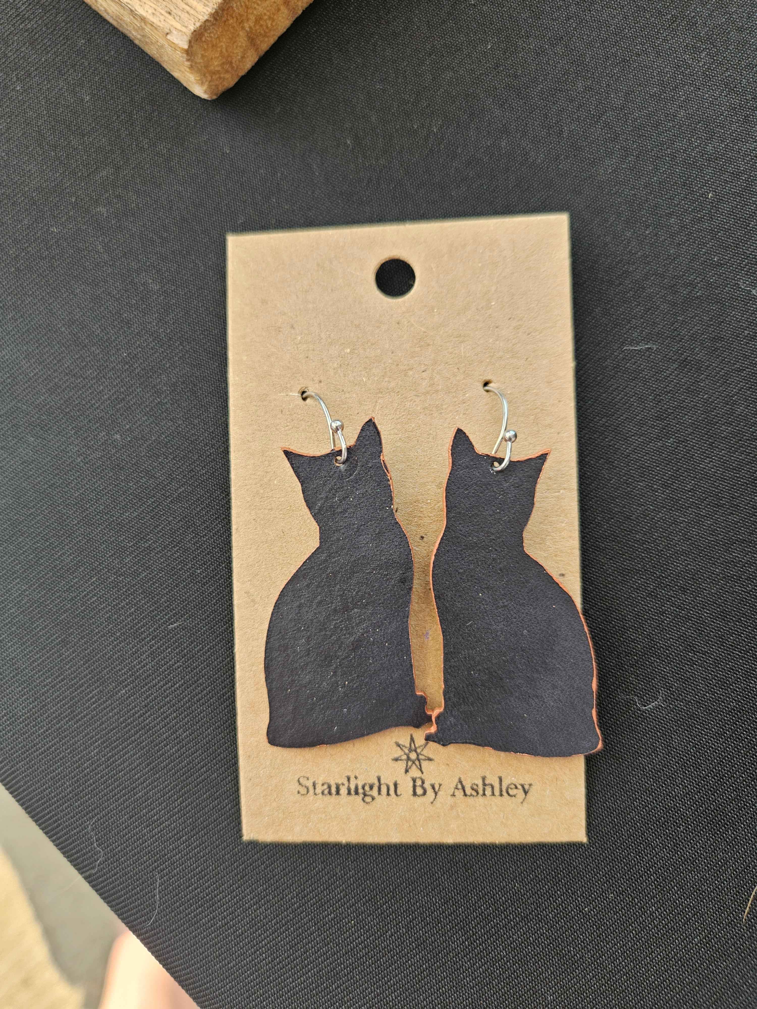 Black Void Cat Leather Earrings