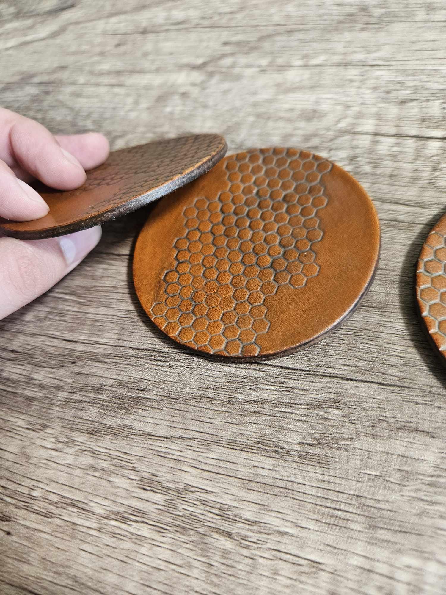 Honeycomb Leather Coasters Set - Tan 4 pack