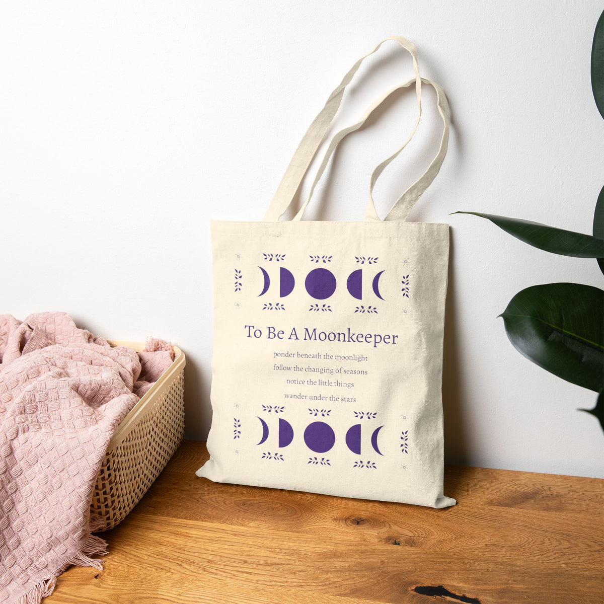 Moon Phase Cotton Tote — "To Be A Moonkeeper" Lunar Canvas Bag