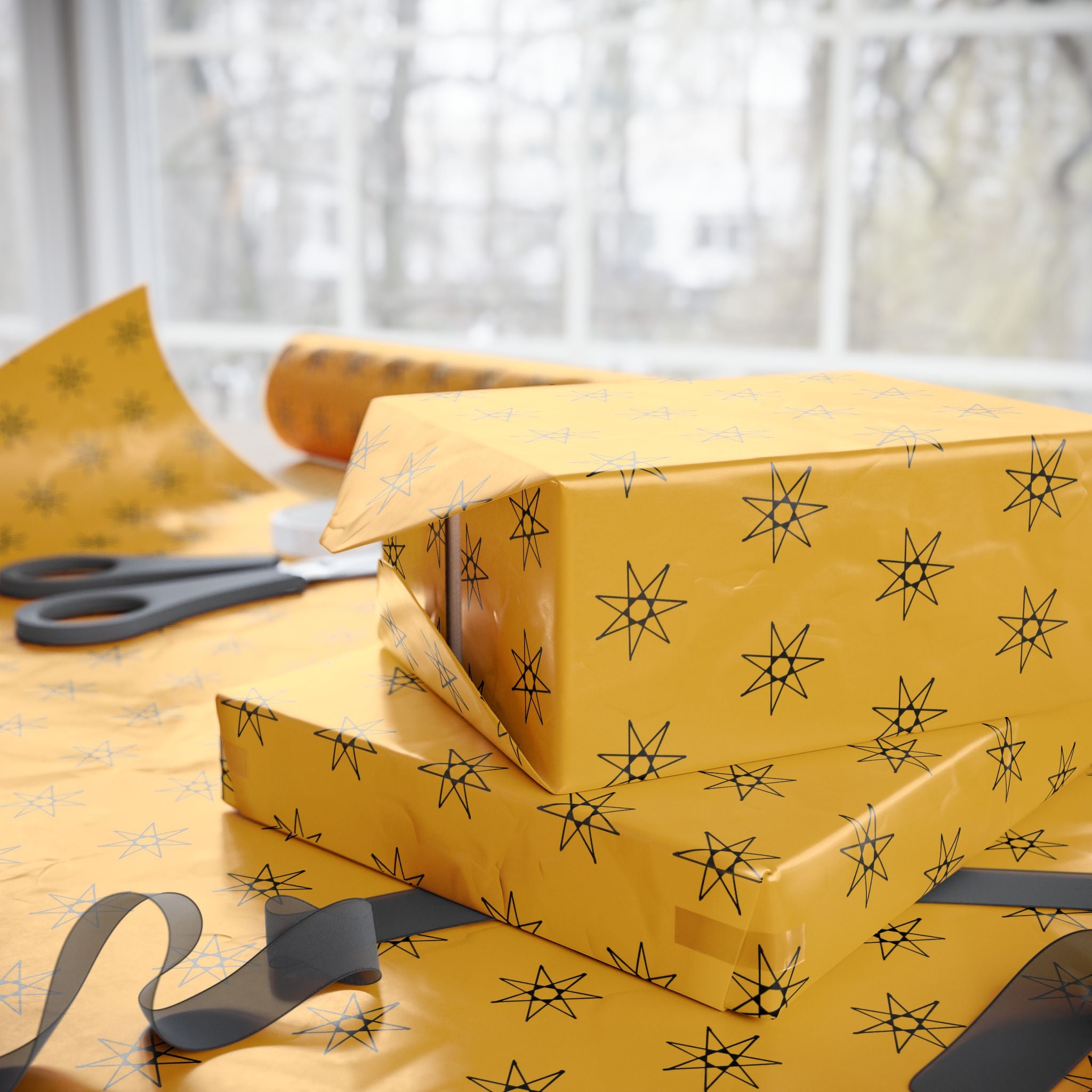 Seven Pointed Stars Gift Wrap Paper Roll | Elegant Gift Wrap with Golden Star Pattern