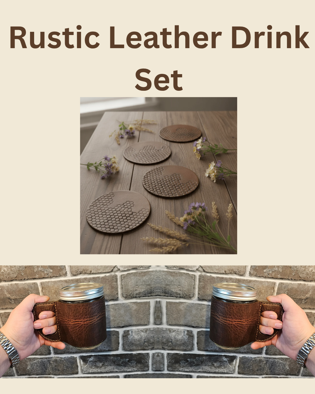 Rustic Leather Drink Set - Two Leatherbound Mugs & Honeycomb Coaster Set
