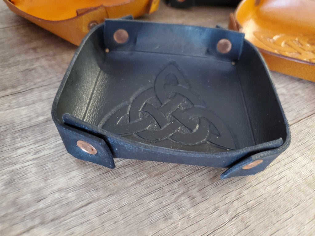 Leather Catch All Tray - Black or Tan & Plain or Celtic Trinity Knot