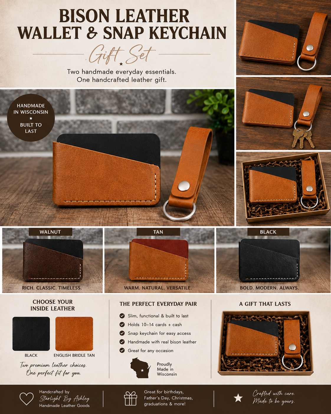 The Hearthside Pocket Trio Bison Leather Wallet & Keychain Gift Set