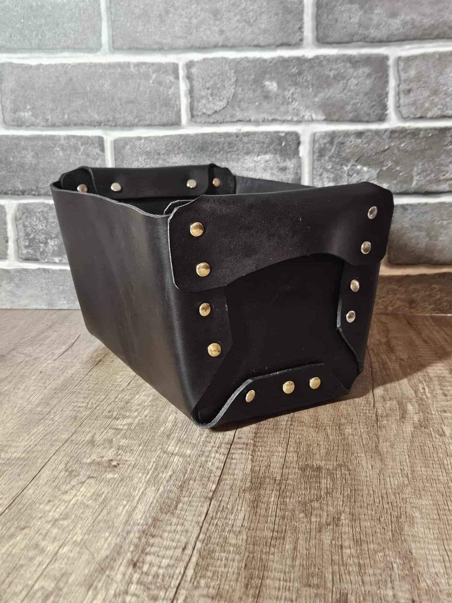 Handcrafted Black Leather Basket | Real Leather Storage Basket