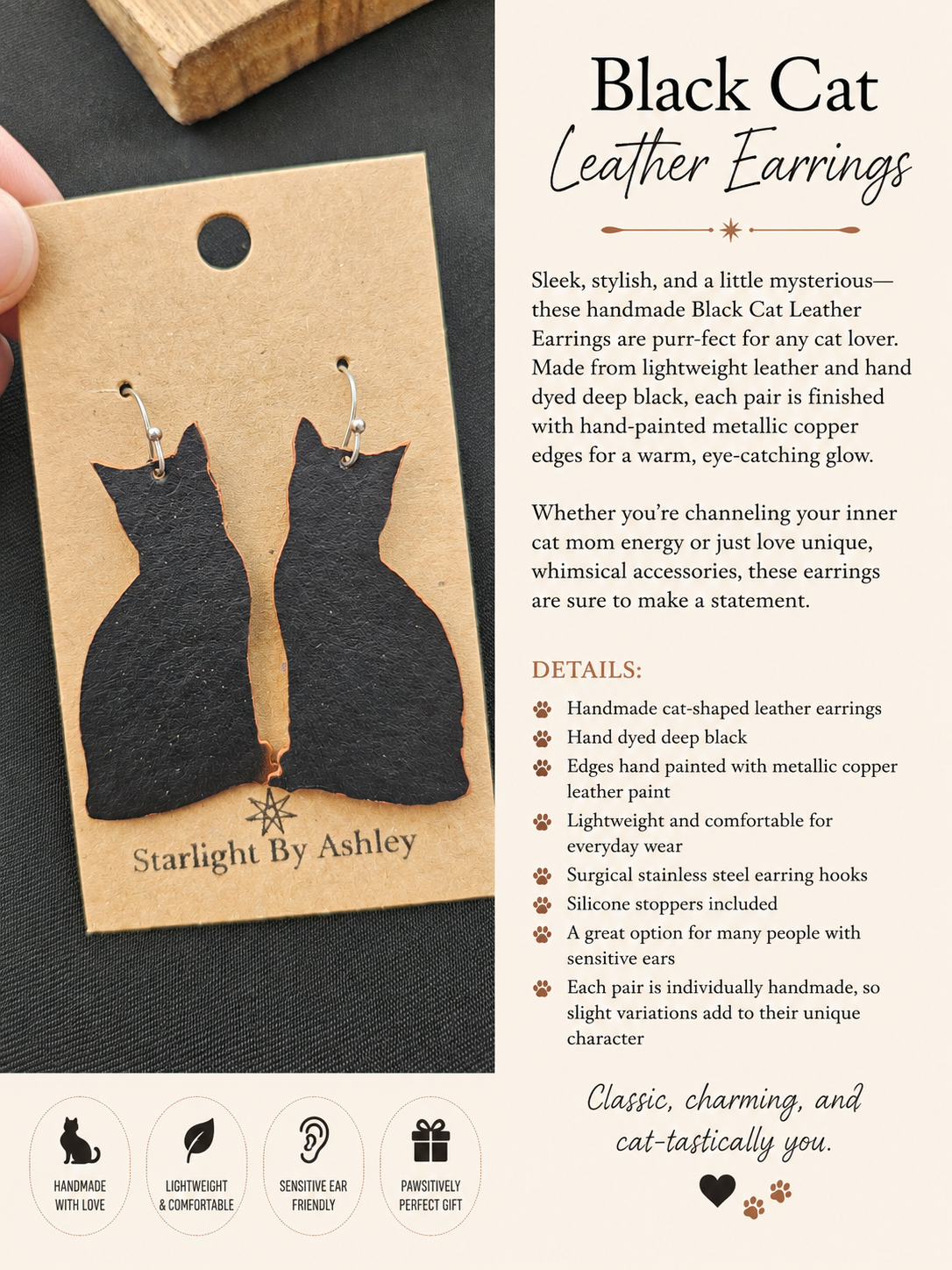 Black Void Cat Leather Earrings