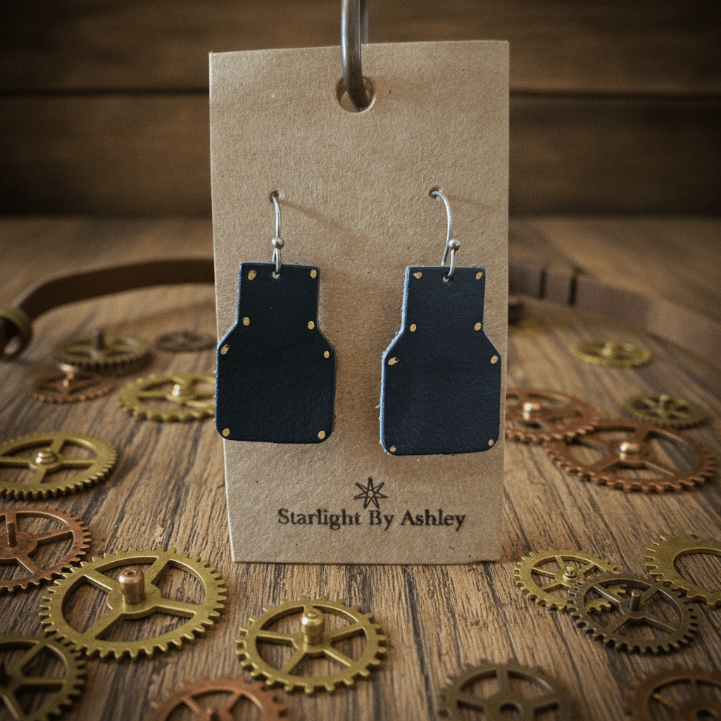 Blue geometric leather drop earrings with small yellow dot details and silver hook backs