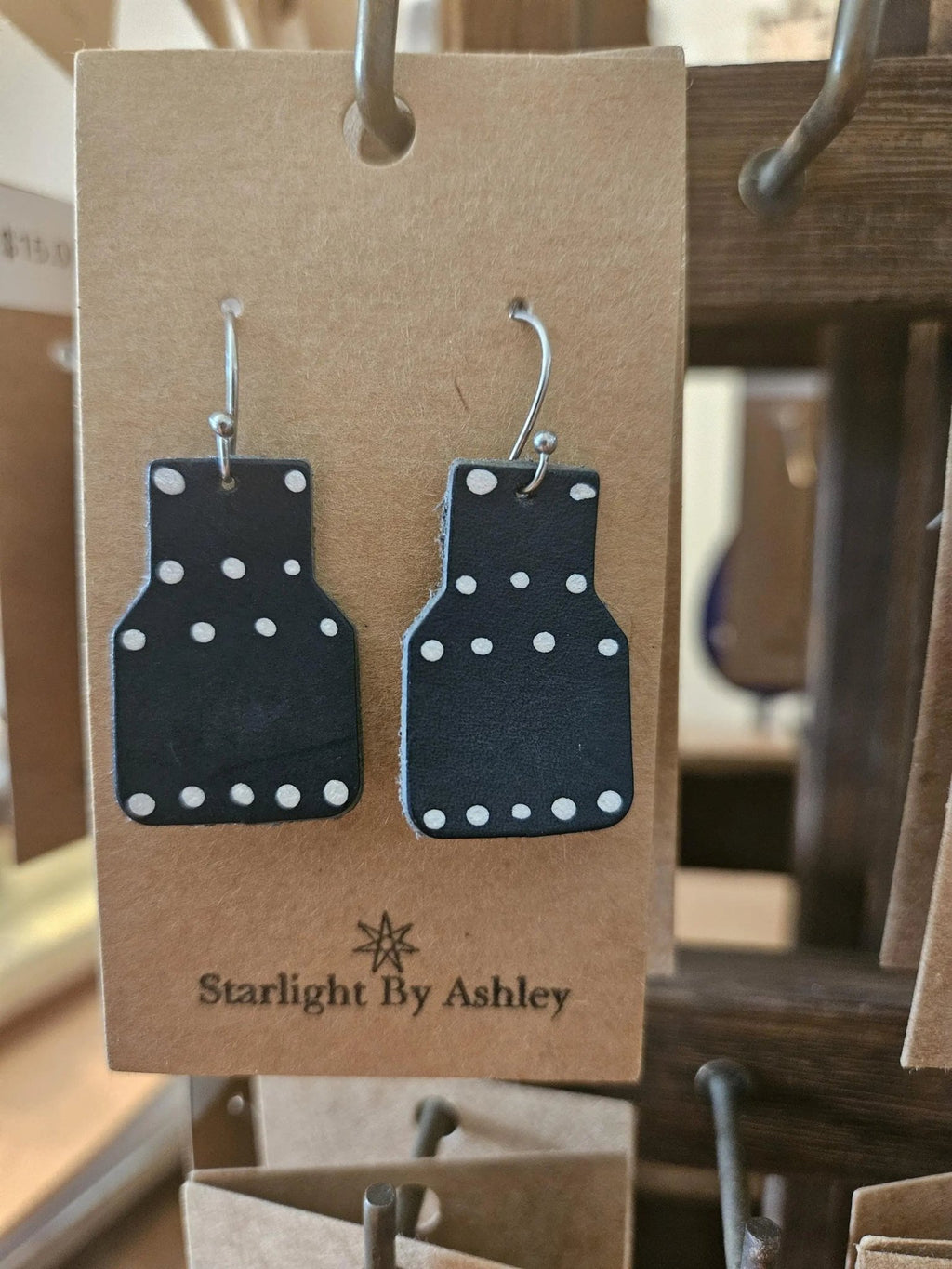 Blue geometric leather drop earrings with dotted row and silver hooks