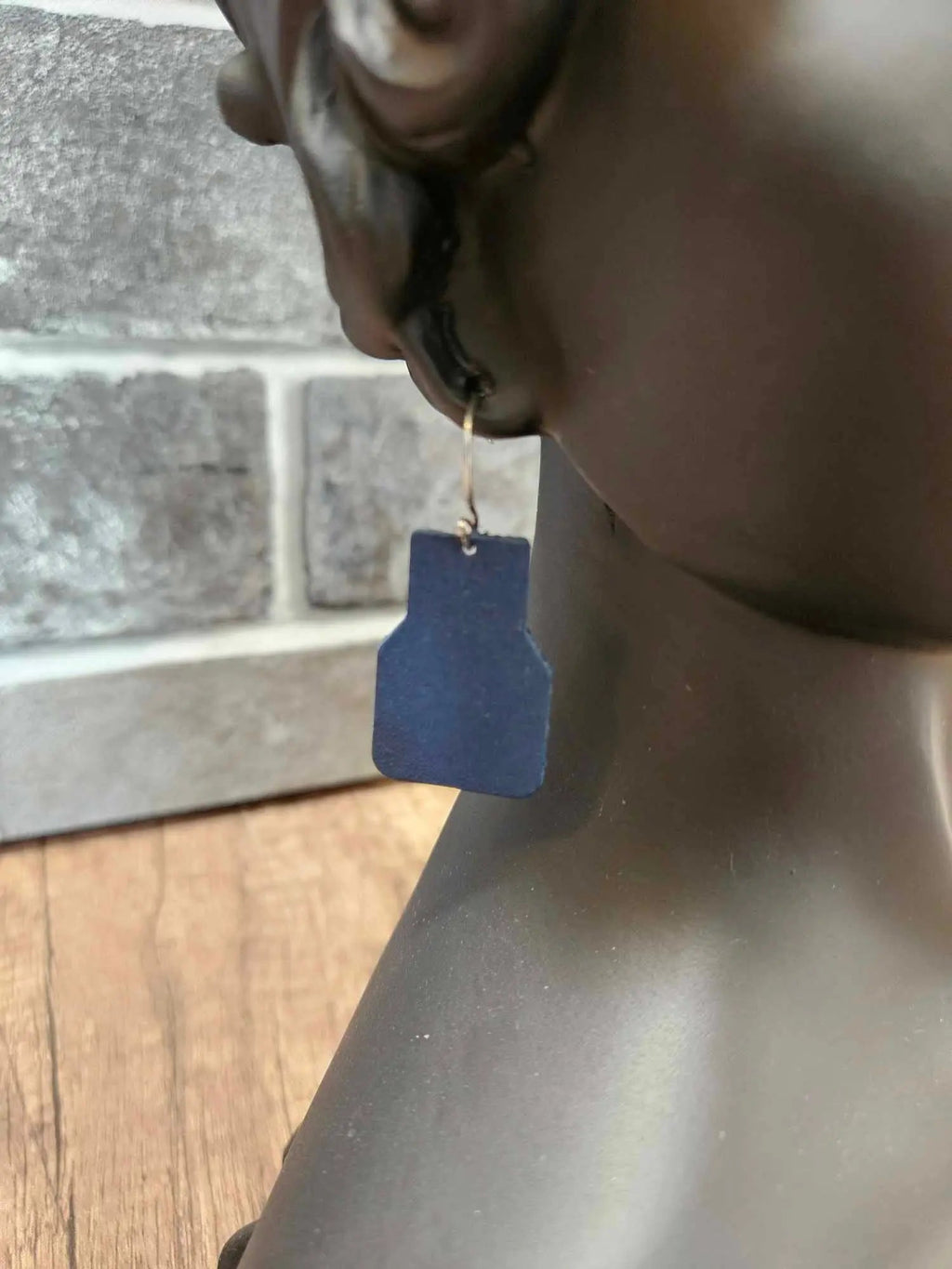 Blue geometric leather drop earring, solid shape, silver hook