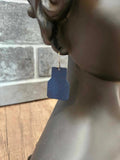 Blue geometric leather drop earring, solid shape, silver hook