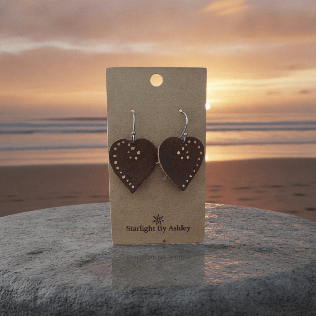 Dark brown leather heart drop earrings with studded dots and silver-tone hooks