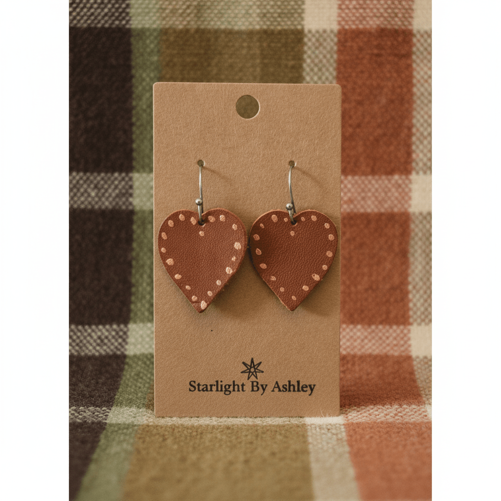 Brown leather heart drop earrings with dotted pattern and silver-tone hooks