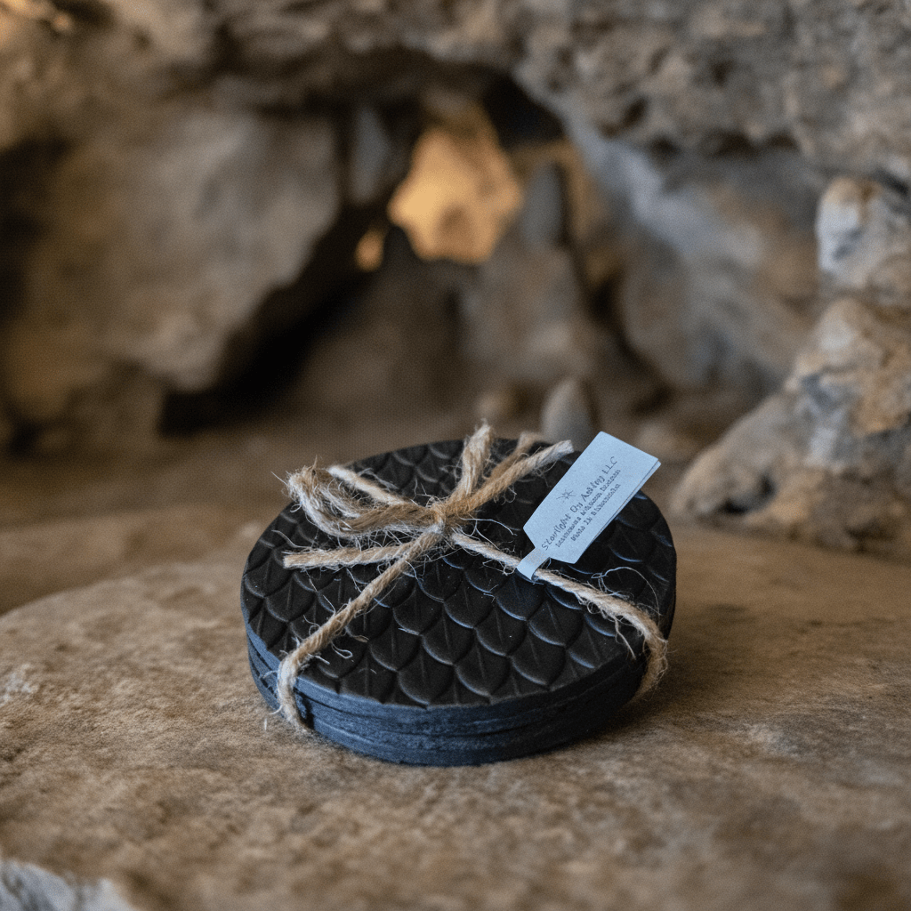 Single navy embossed leather coaster with dragon-scale texture, tied with twine and tag