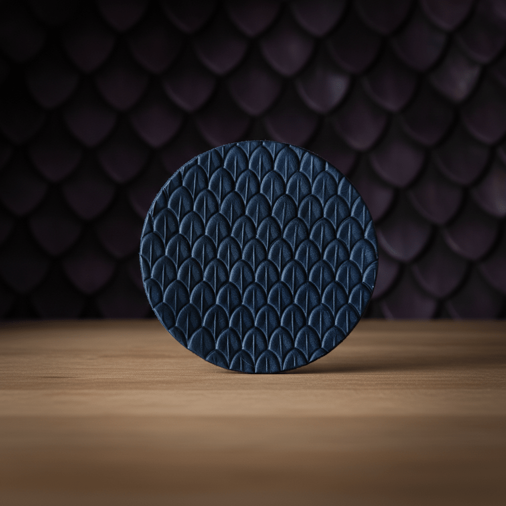 Navy round leather coasters with embossed dragon-scale pattern, four-piece set