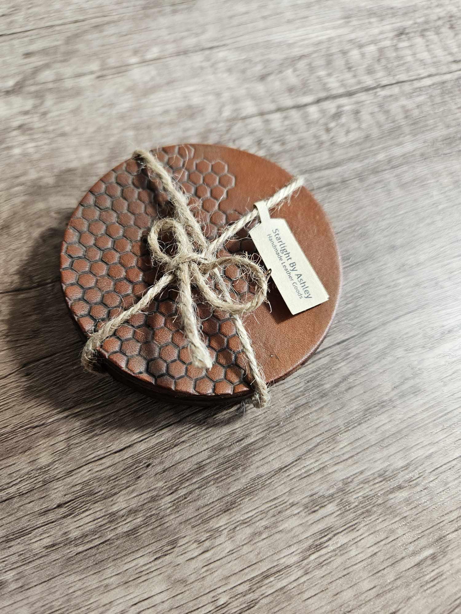 Honeycomb Leather Coasters Set - Tan 4 pack