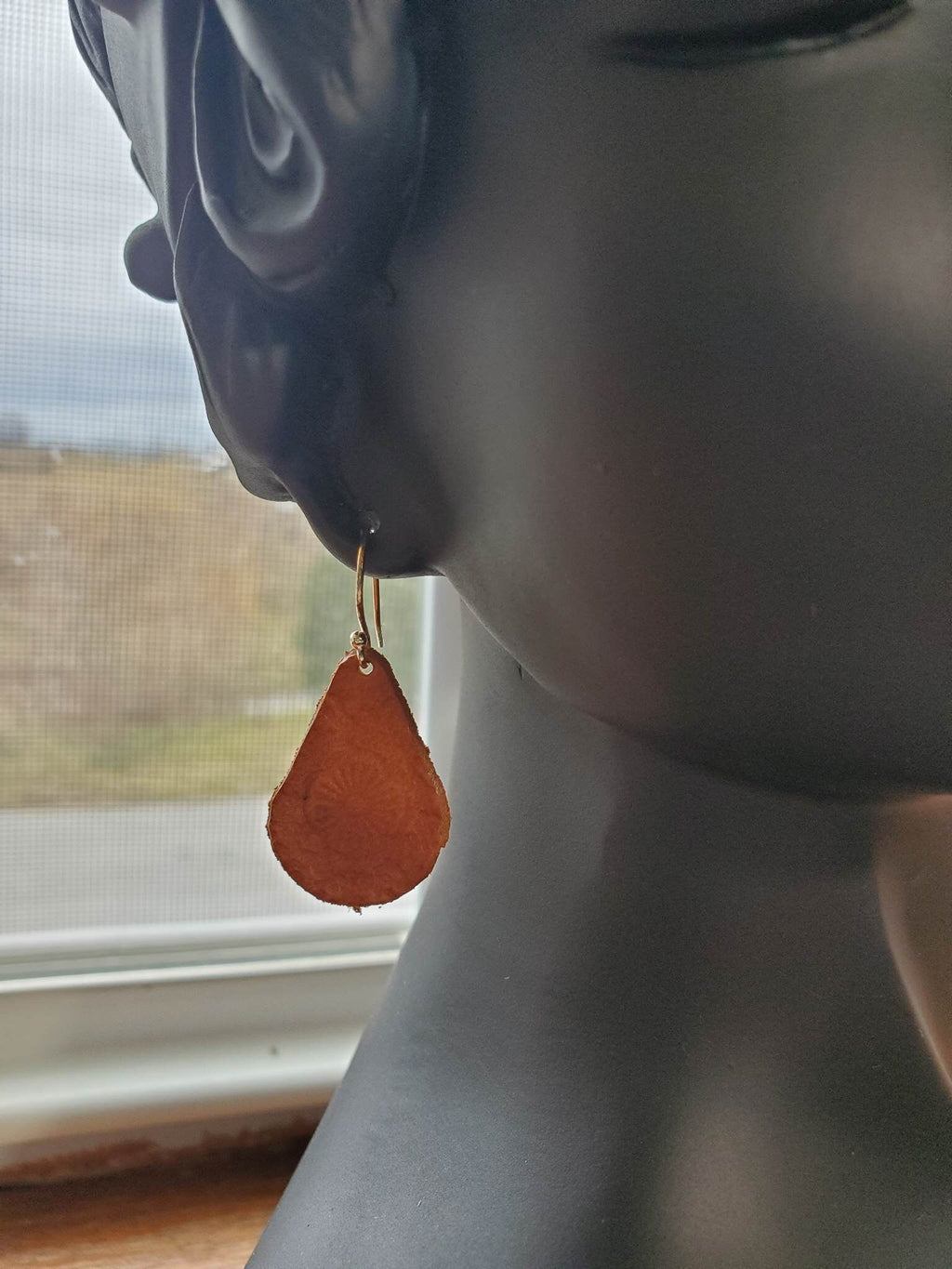 Red teardrop leather earring with silver hook