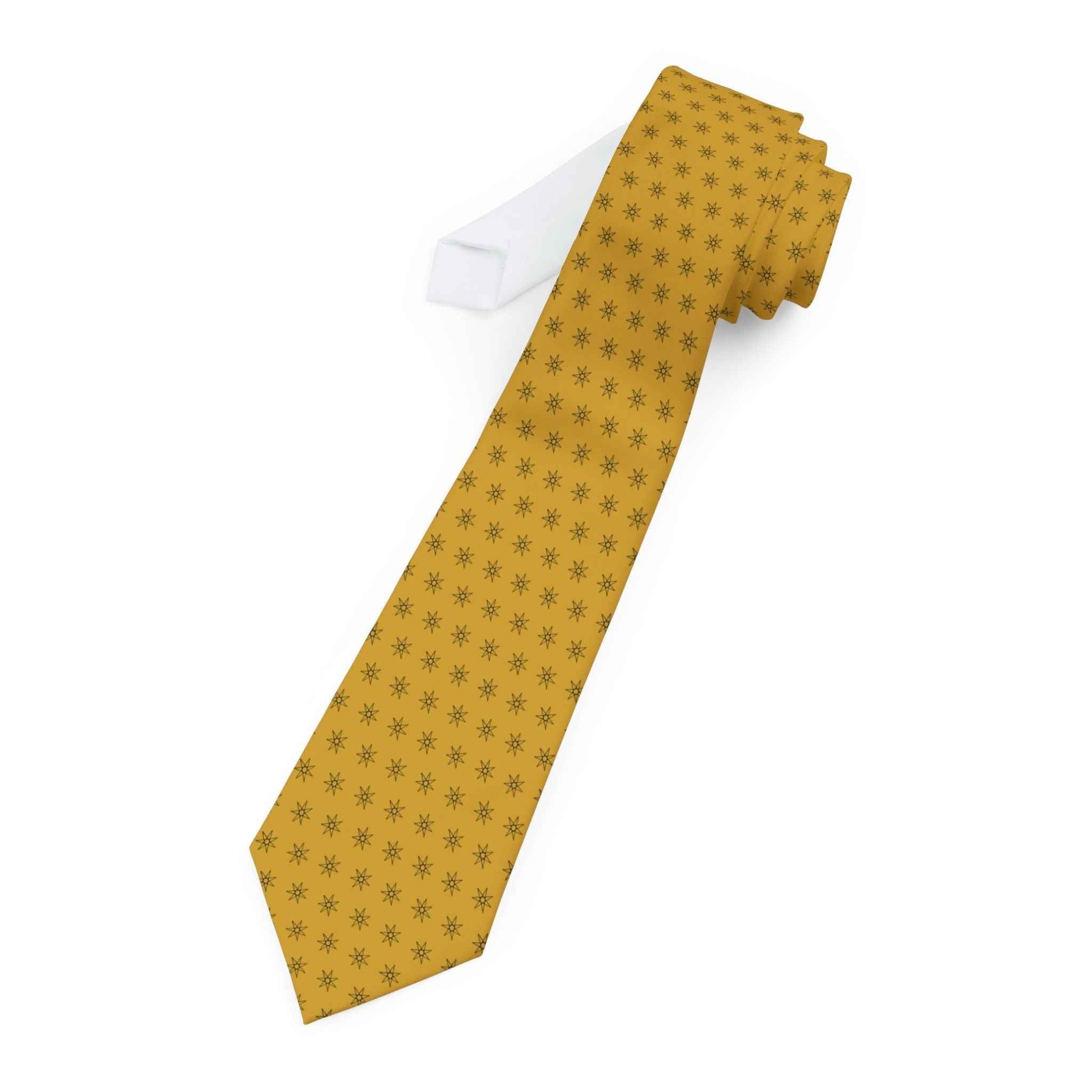 Men's yellow necktie with repeating star pattern, full length view