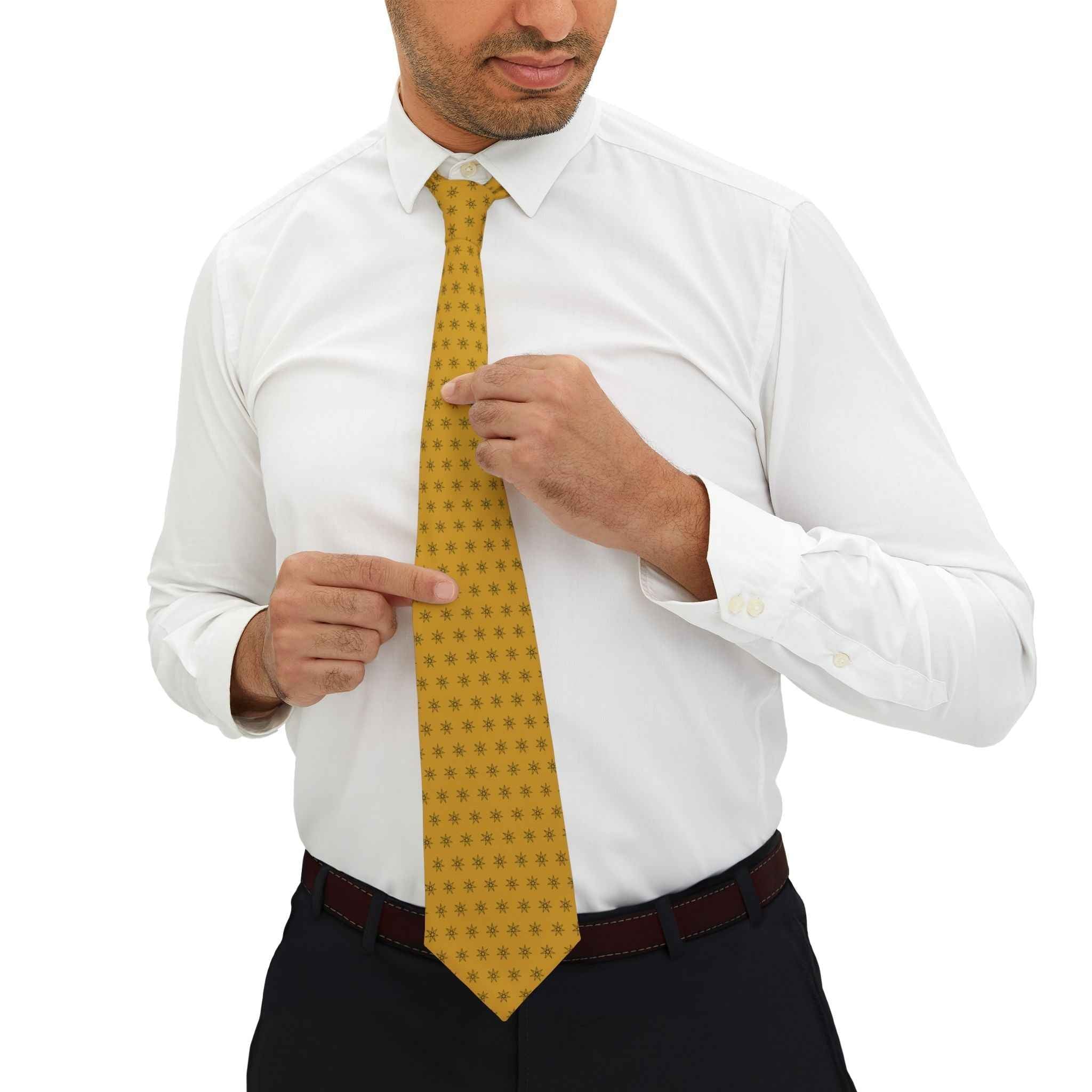 Men's yellow necktie with repeating star pattern, narrow width