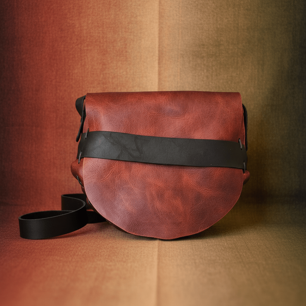 Red leather crossbody bag with curved bottom, top flap, and black strap