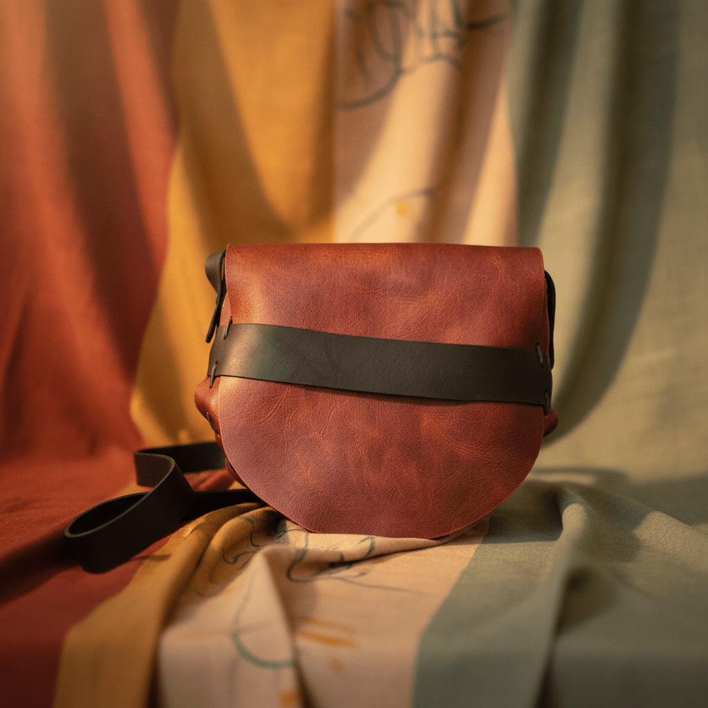 Handmade red leather crossbody purse with curved flap and black adjustable strap