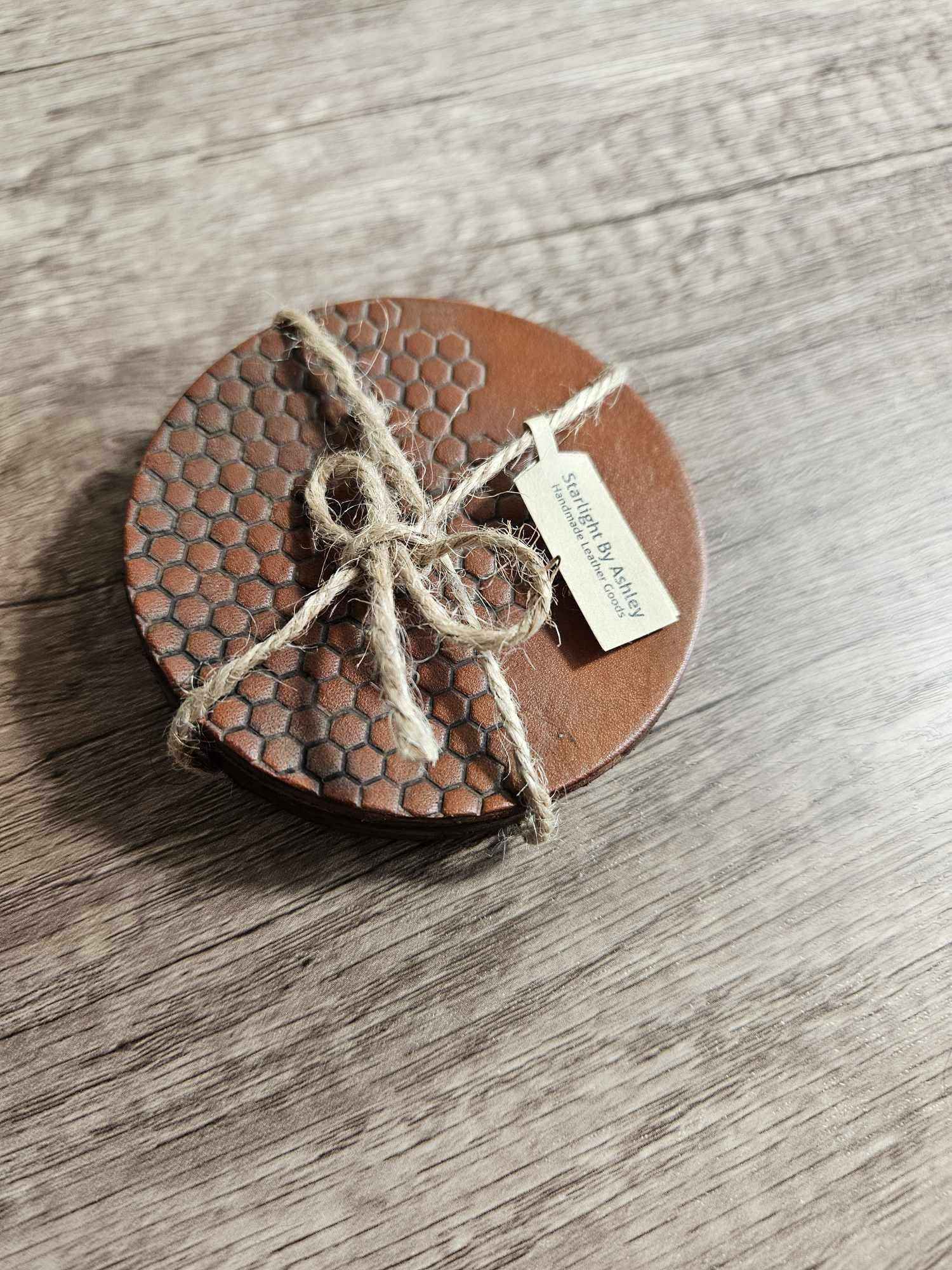 Honeycomb Leather Coasters Set - Tan 4 pack