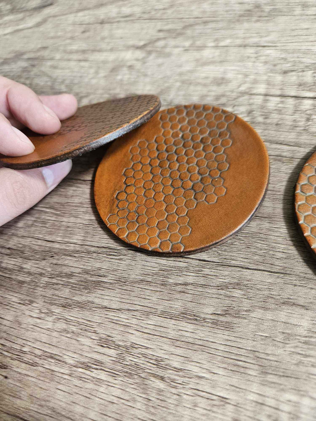 Honeycomb Leather Coasters Set - Tan 4 pack