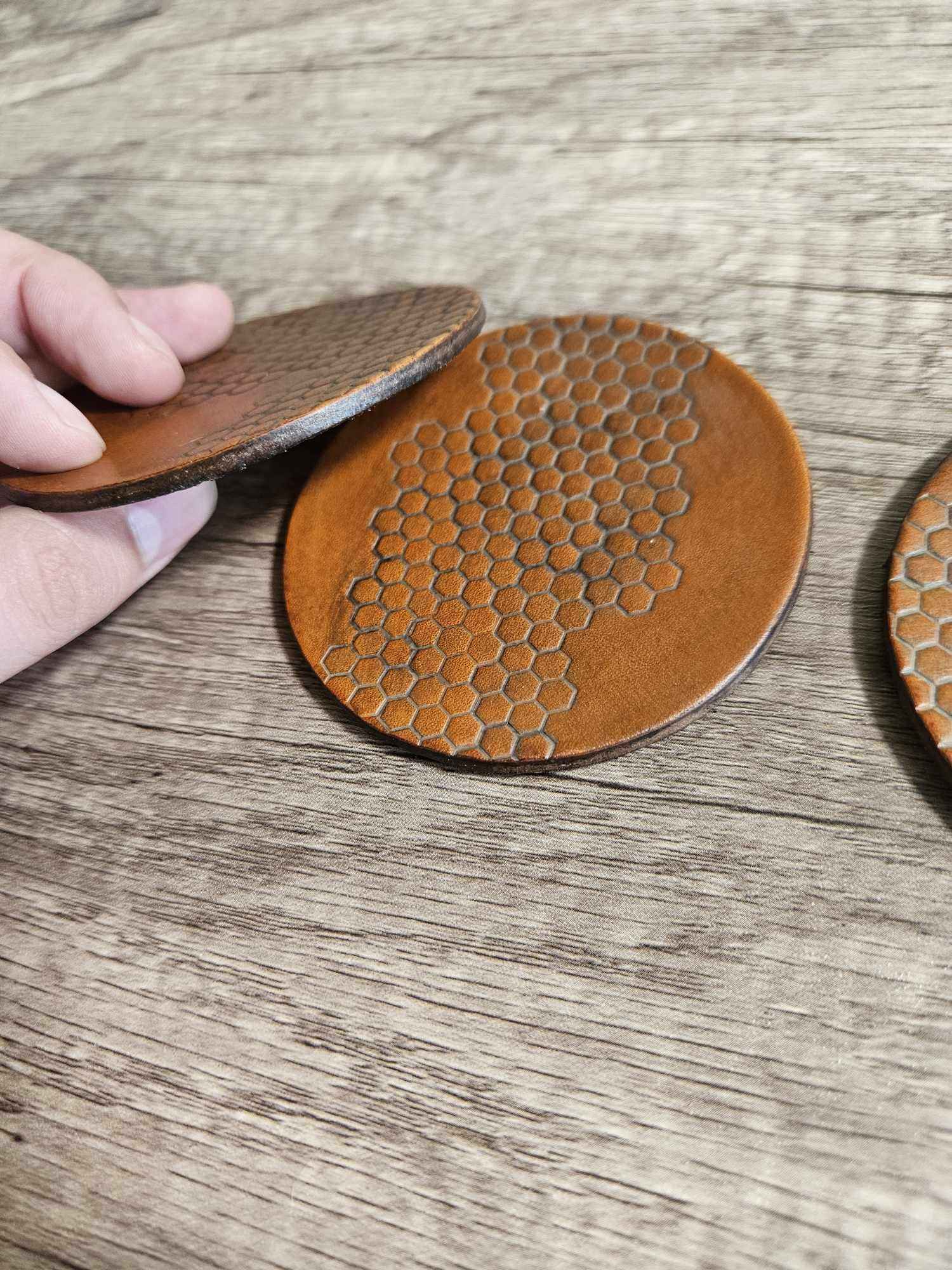 Honeycomb Leather Coasters Set - Tan 4 pack