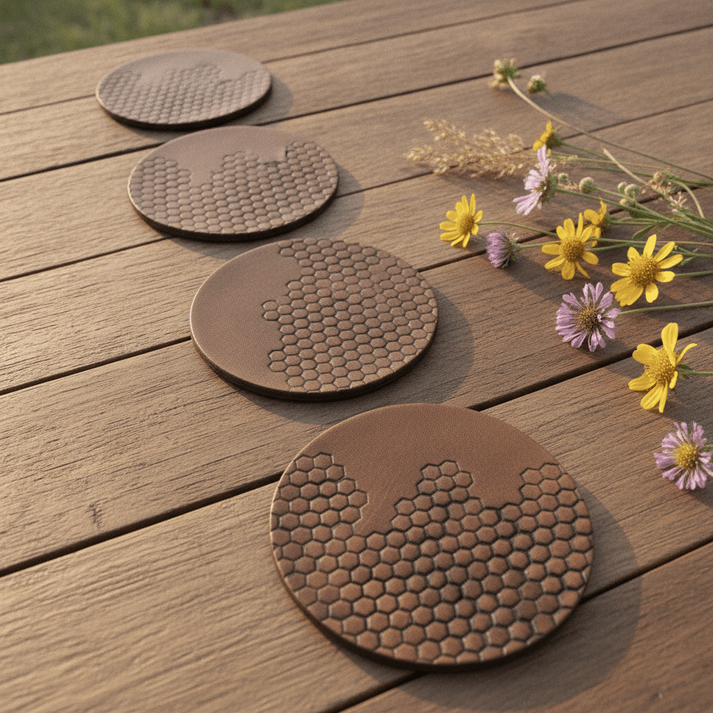 Tan leather coaster set, 4 round coasters with honeycomb embossed pattern