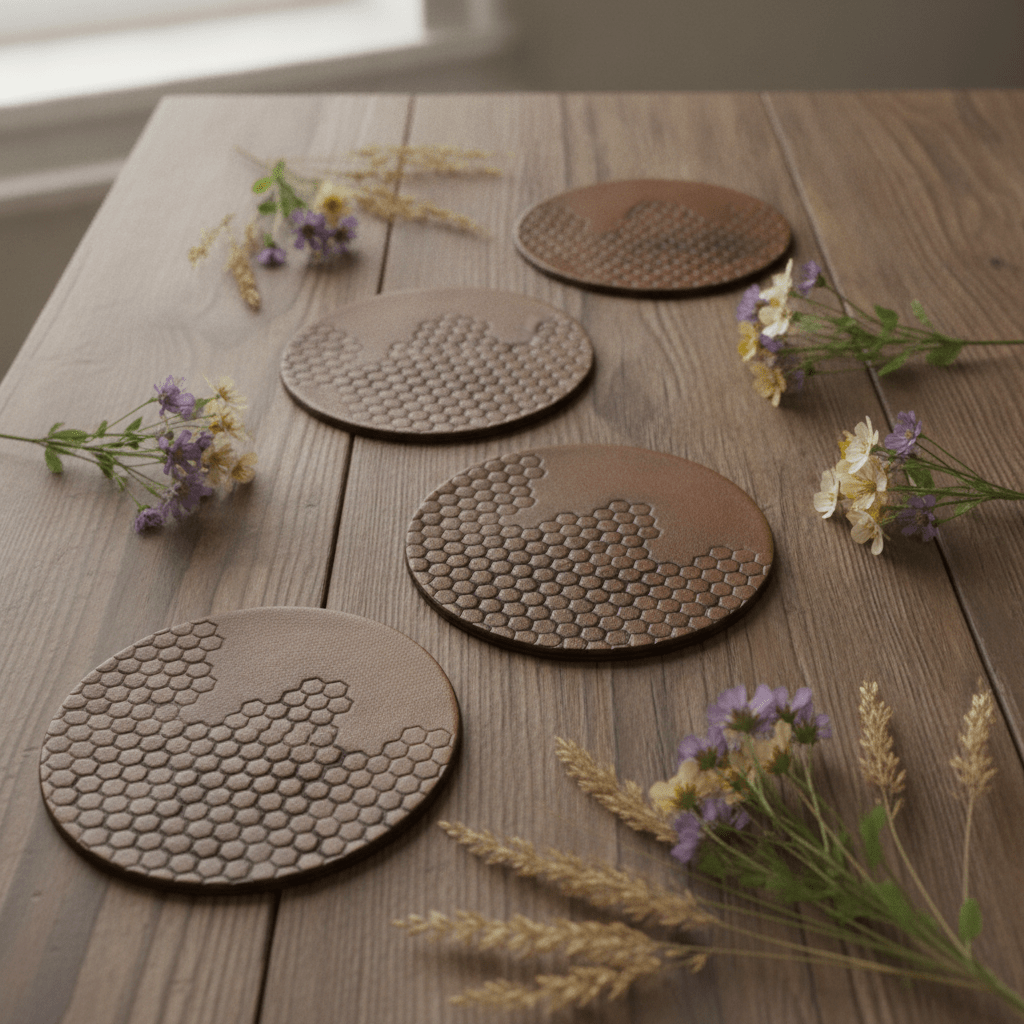 Tan leather coaster set, 4 round honeycomb embossed coasters on tabletop