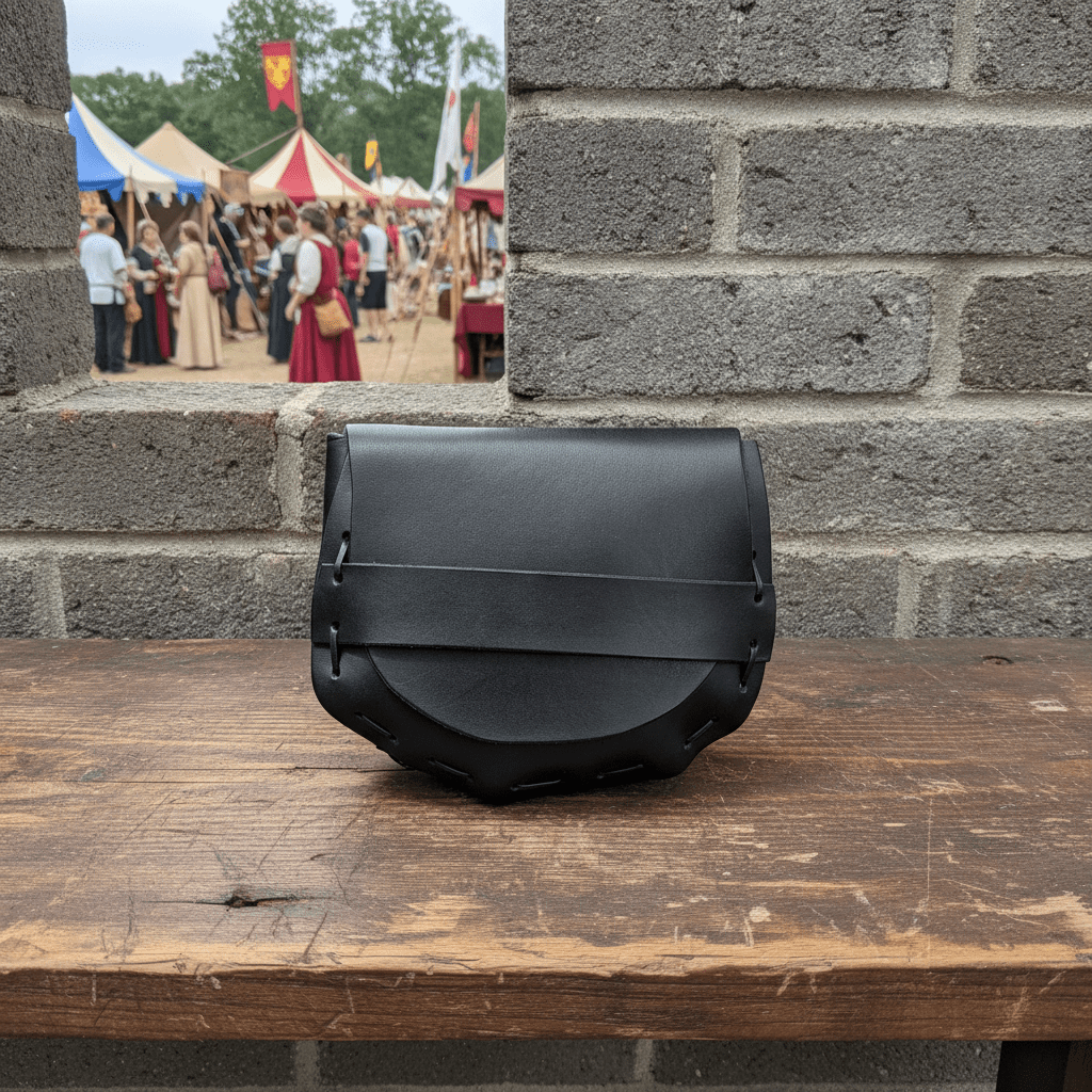 Black leather hip bag with front flap and adjustable belt loop tabs