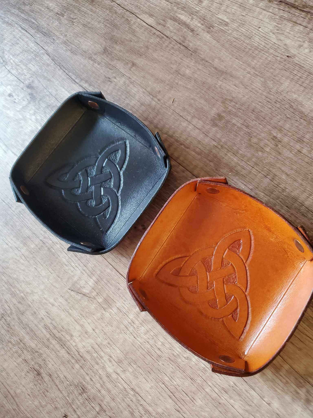 Leather Catch All Tray - Black or Tan & Plain or Celtic Trinity Knot