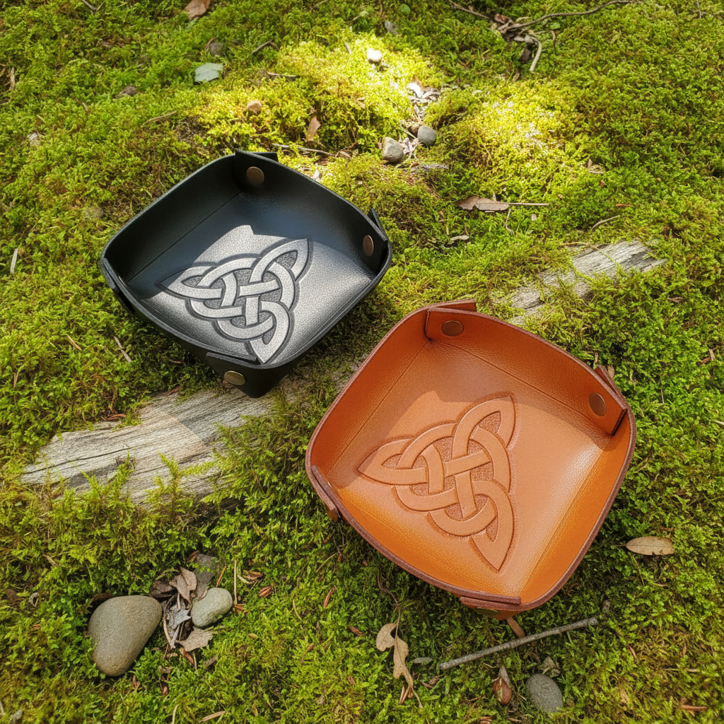 Leather catch-all tray set, black and tan, with Celtic trinity knot embossed design