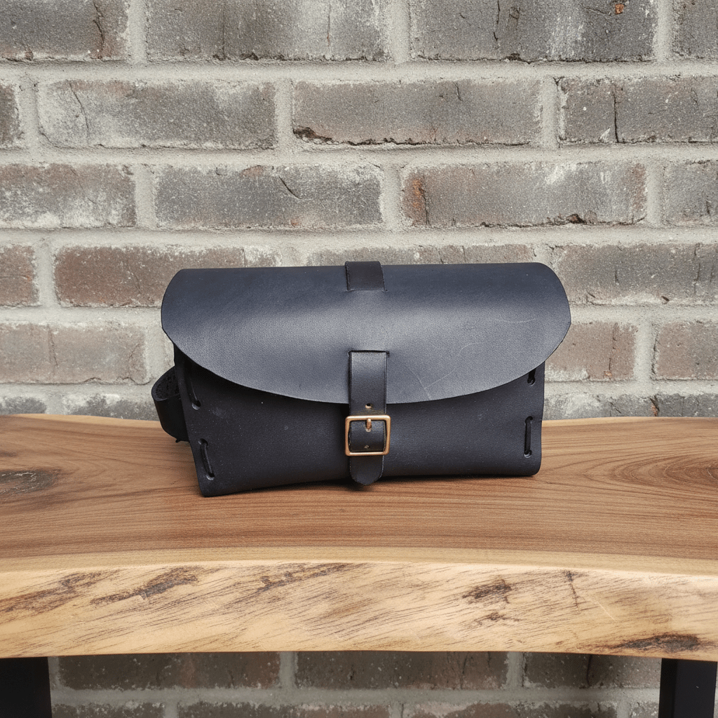 Black leather dopp bag with top flap and brass buckle, front view