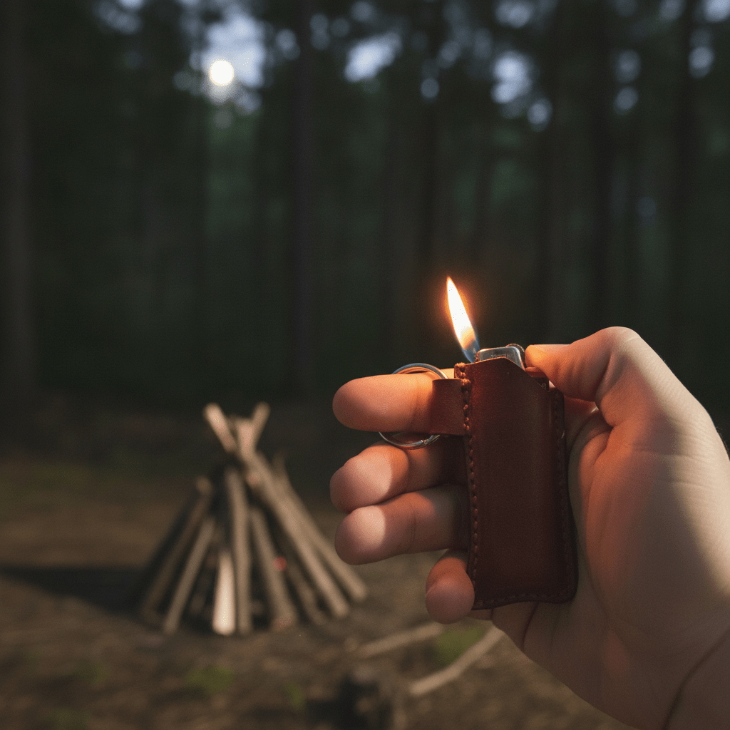 Mahogany leather lighter keychain sleeve with metal top