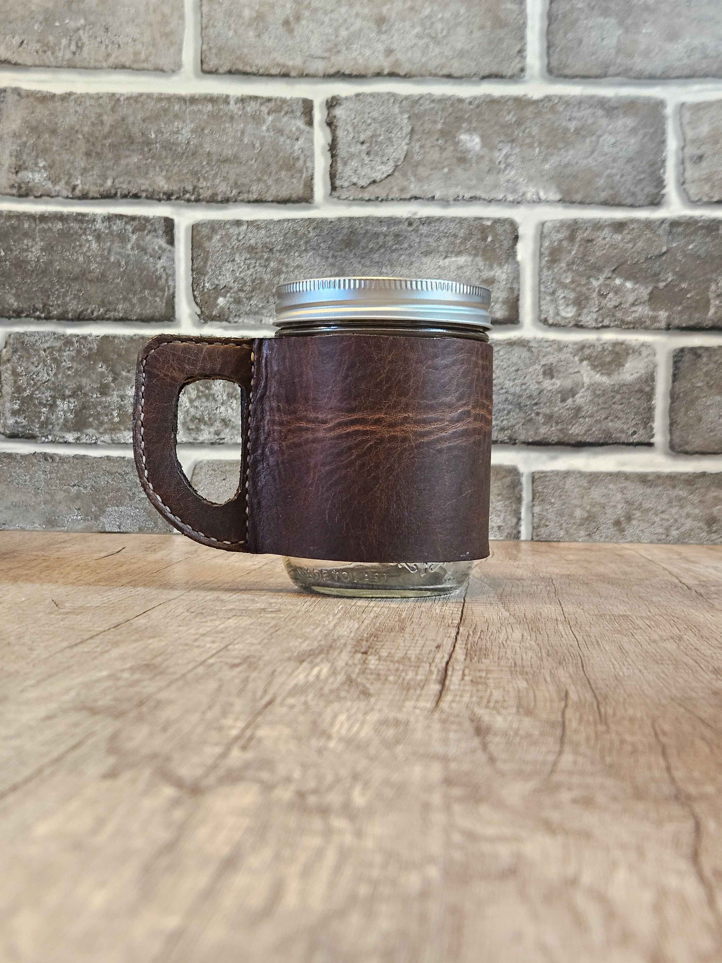 Leatherbound Mason Jar Mug – Handmade Leather Drink Sleeve with Handle