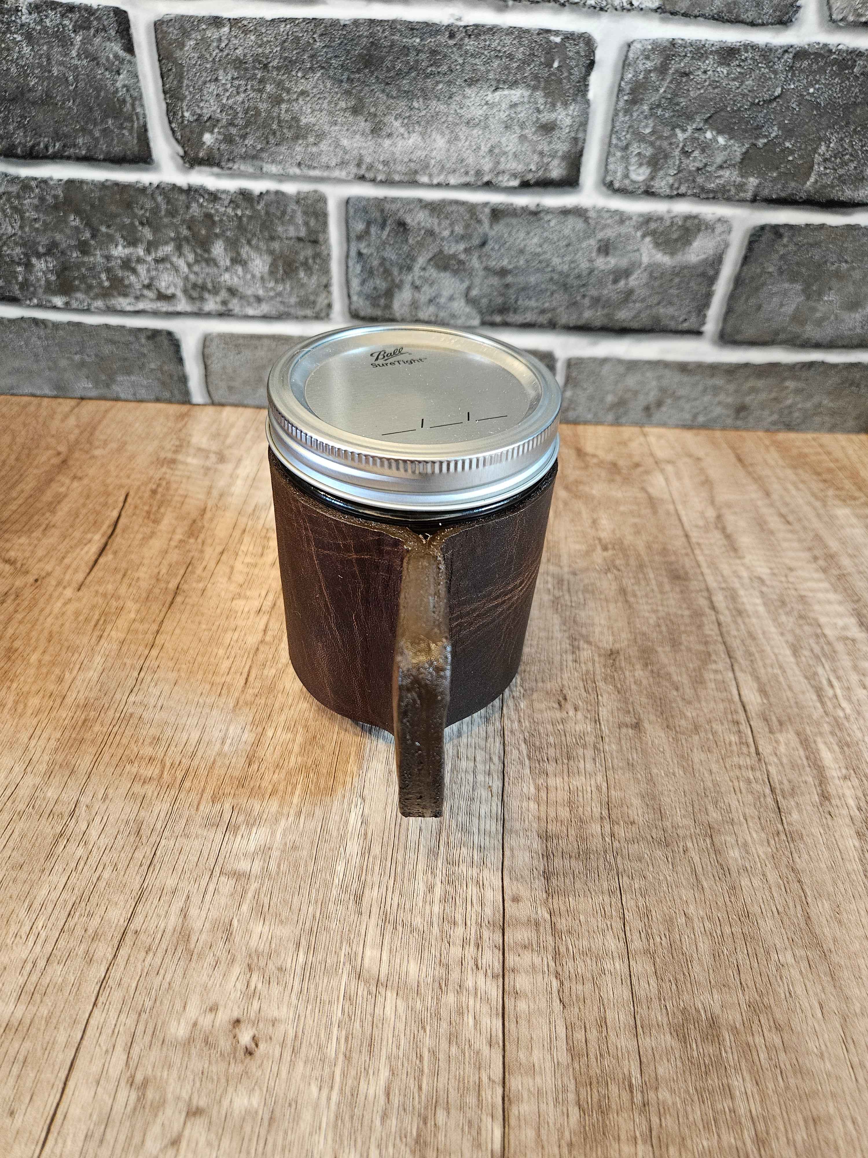 Leatherbound Mason Jar Mug – Handmade Leather Drink Sleeve with Handle