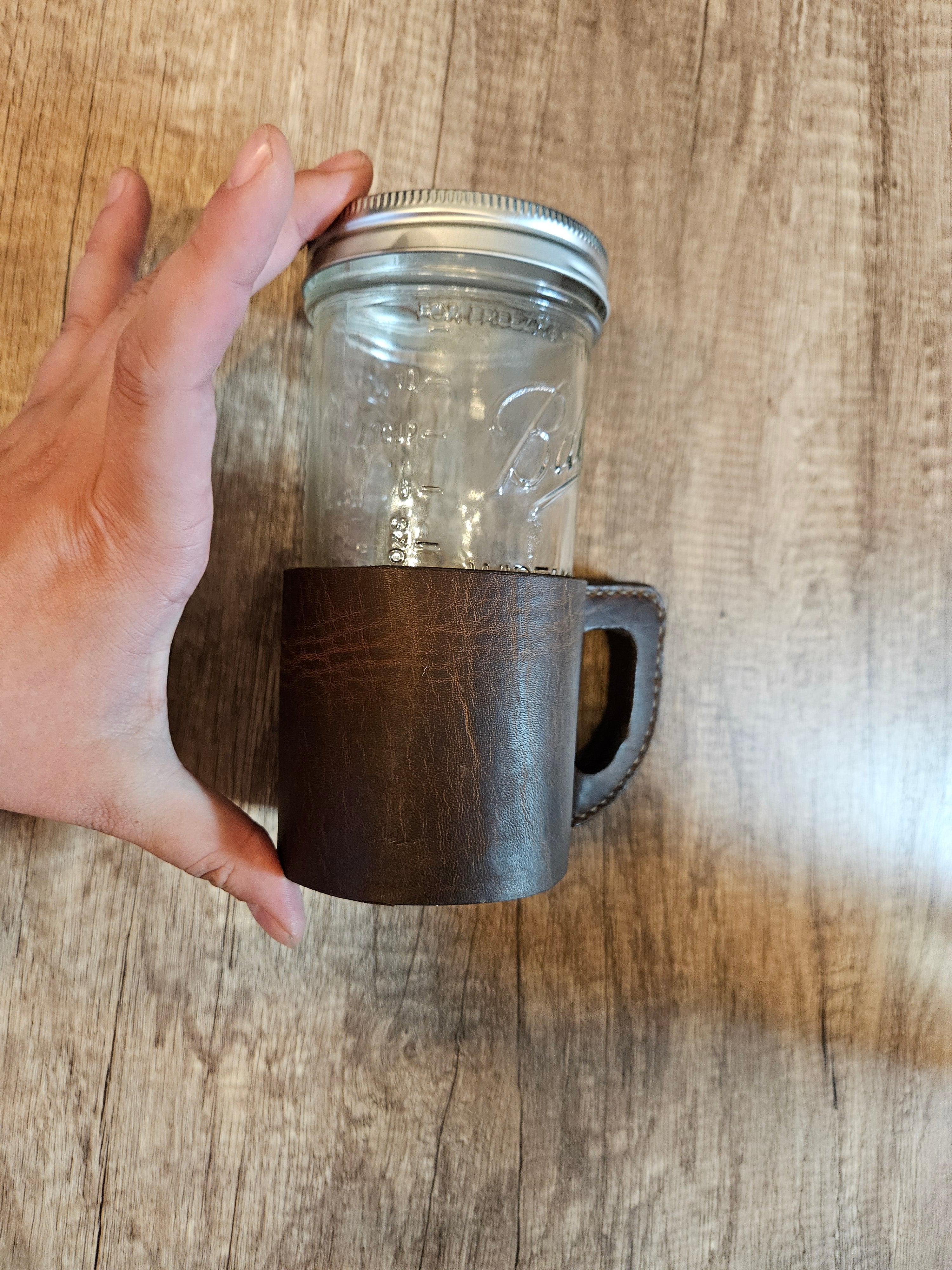 Leatherbound Mason Jar Mug – Handmade Leather Drink Sleeve with Handle
