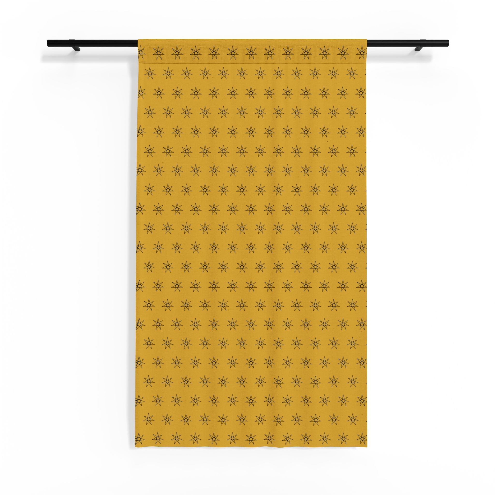 Mustard sheer curtain panel with repeating seven-point star geometric motif and straight hem
