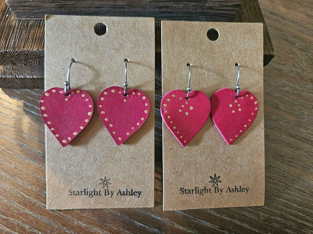 Lightweight Red Leather Heart Earrings Handmade - 3 Style Options
