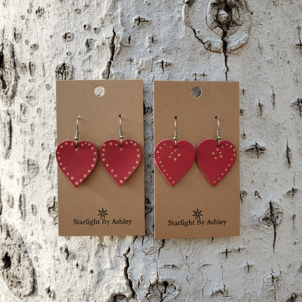 Red heart leather earrings with gold dots and silver hooks, two card styles