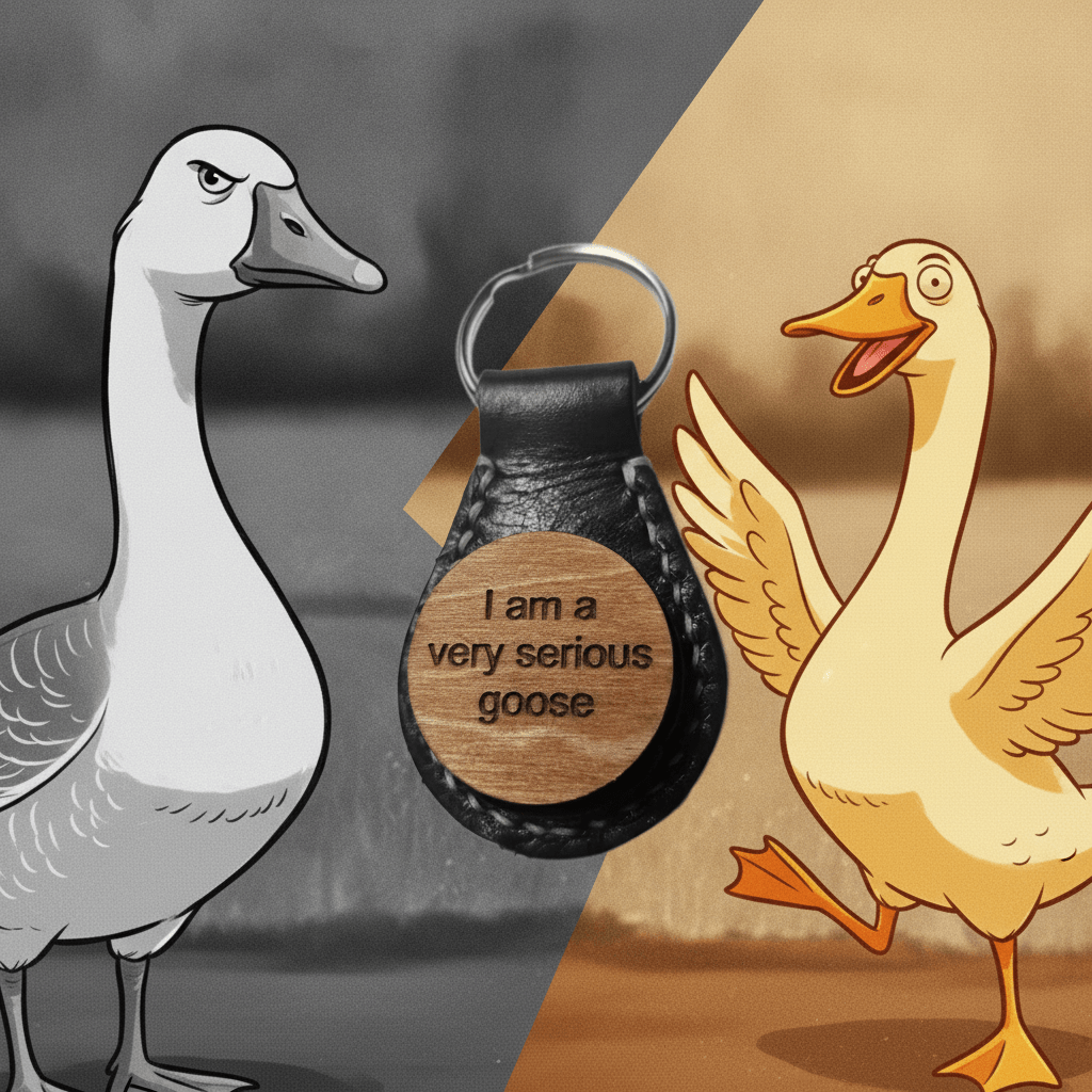 Round leather keychain with wood saying: I am a very serious goose.