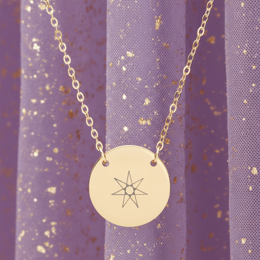Gold-tone round disc pendant necklace, engraved star motif