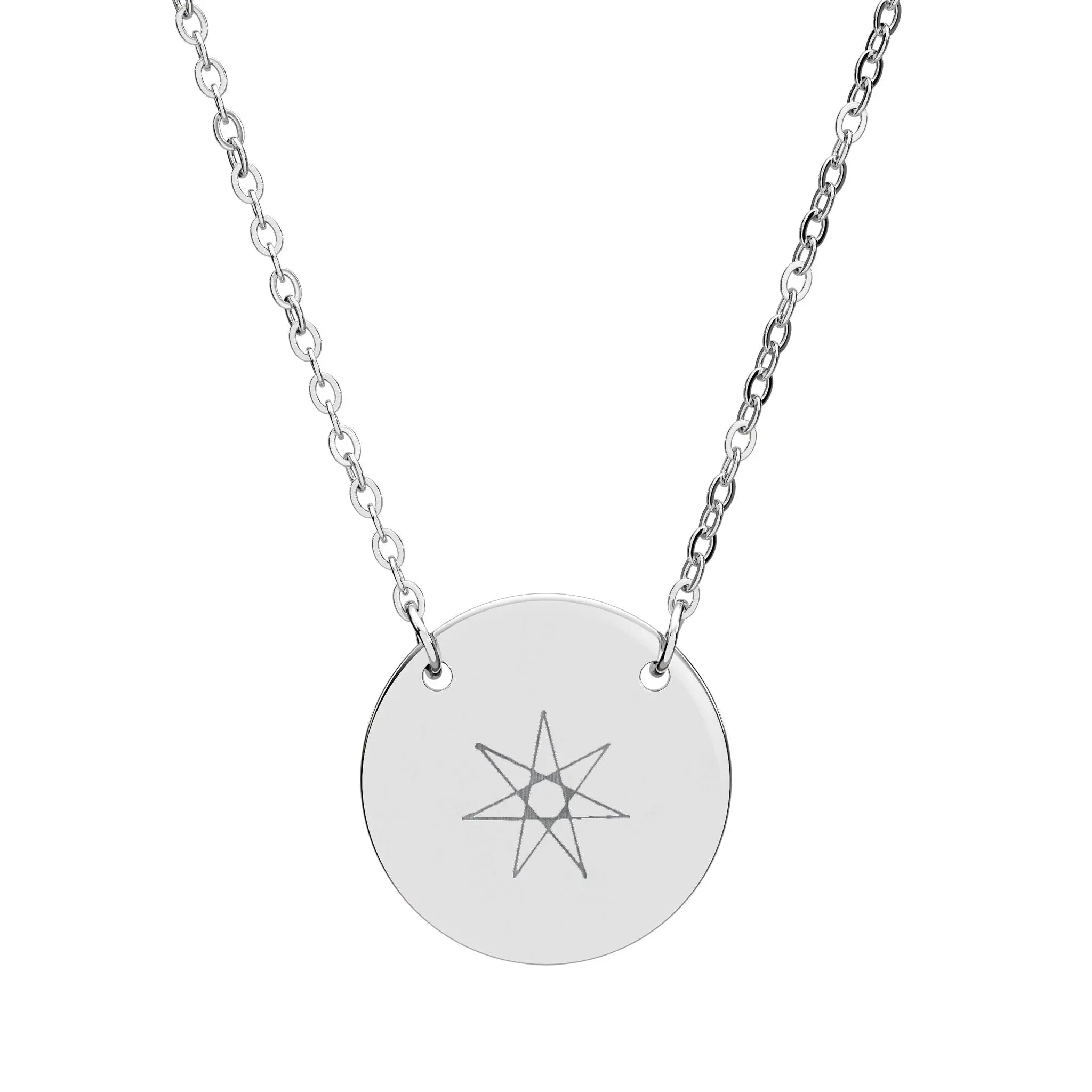 Silver-tone star circle pendant necklace with engraved seven-point star on round disc