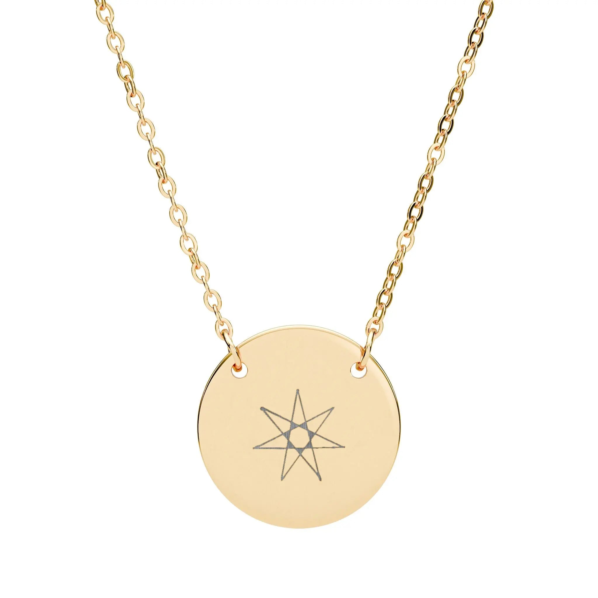 Gold-tone star circle pendant necklace with engraved seven-point star on round disc