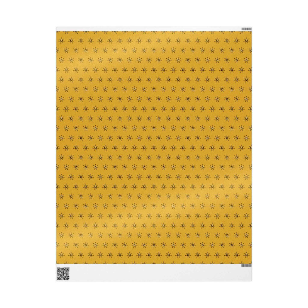 Yellow wrapping paper sheet with seven-point star pattern, front view on white background
