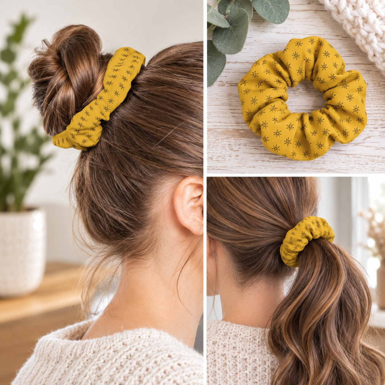 Yellow Star Scrunchie | Boho Hair Accessory for Effortless Style