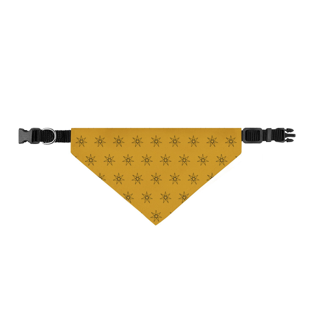 Mustard yellow clip-on dog bandana with black starburst pattern and centered triangle panel