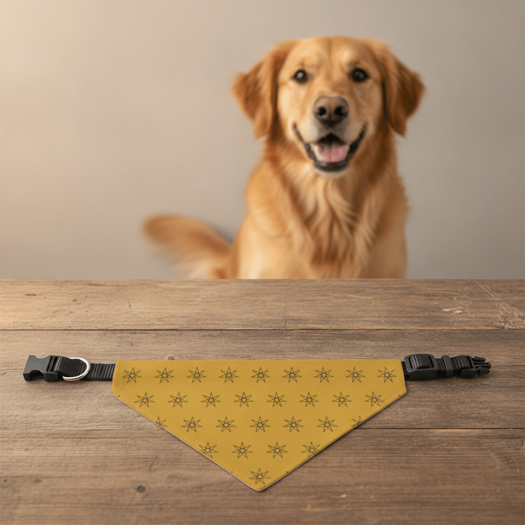 Mustard yellow pet bandana with repeating starburst print and black clips