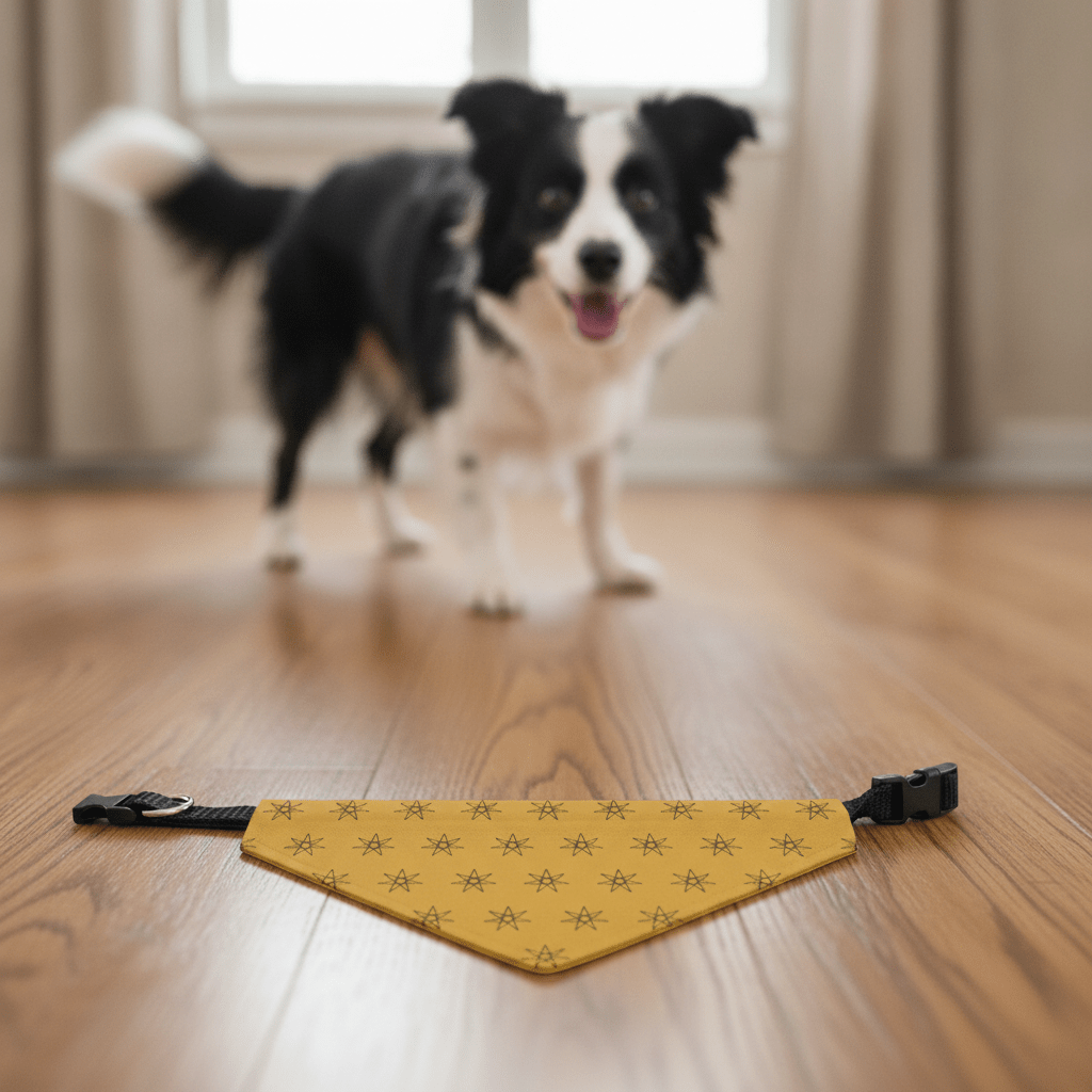 Mustard yellow clip-on pet bandana with small starburst pattern