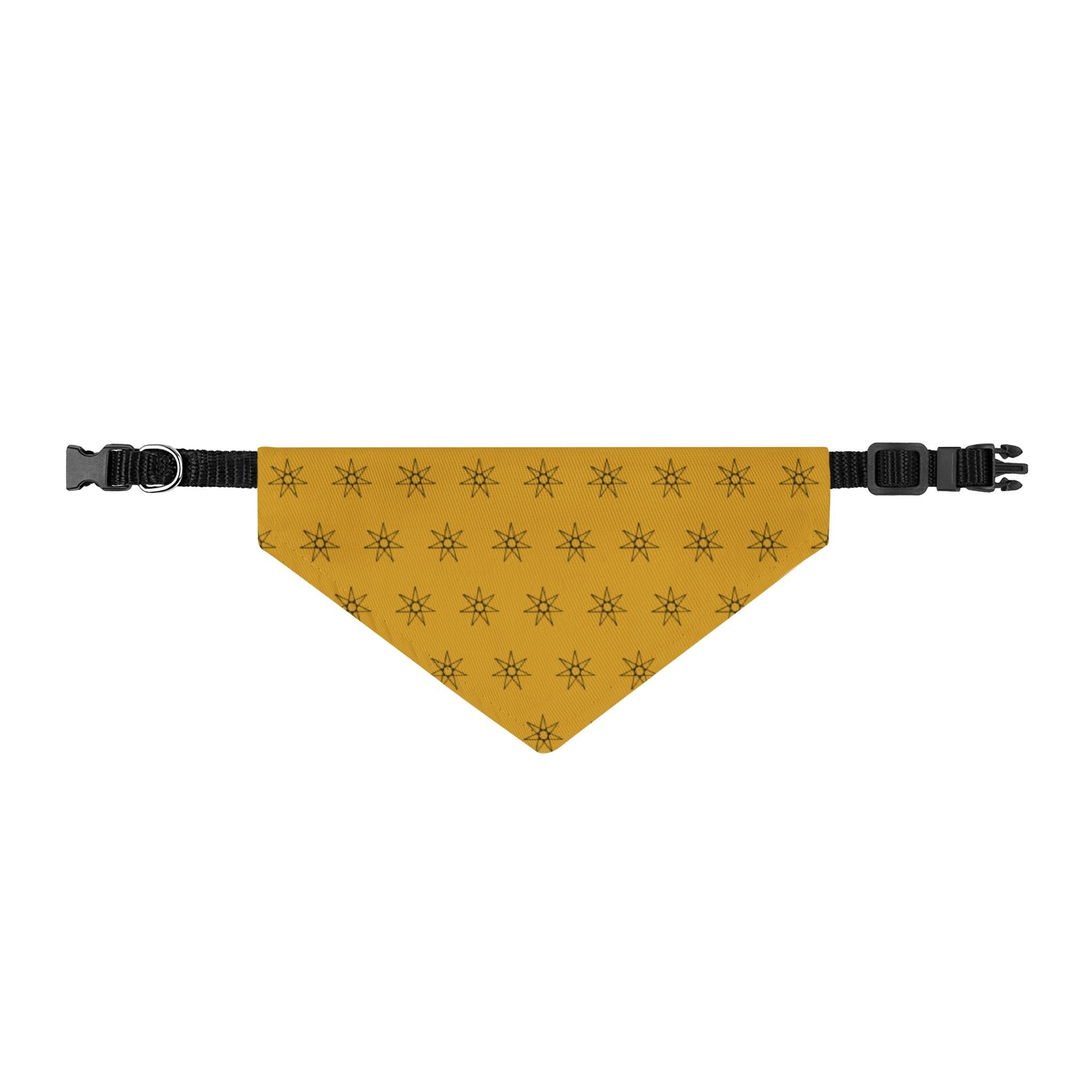 Mustard yellow clip-on dog bandana with black starburst pattern, triangle shape, dual straps